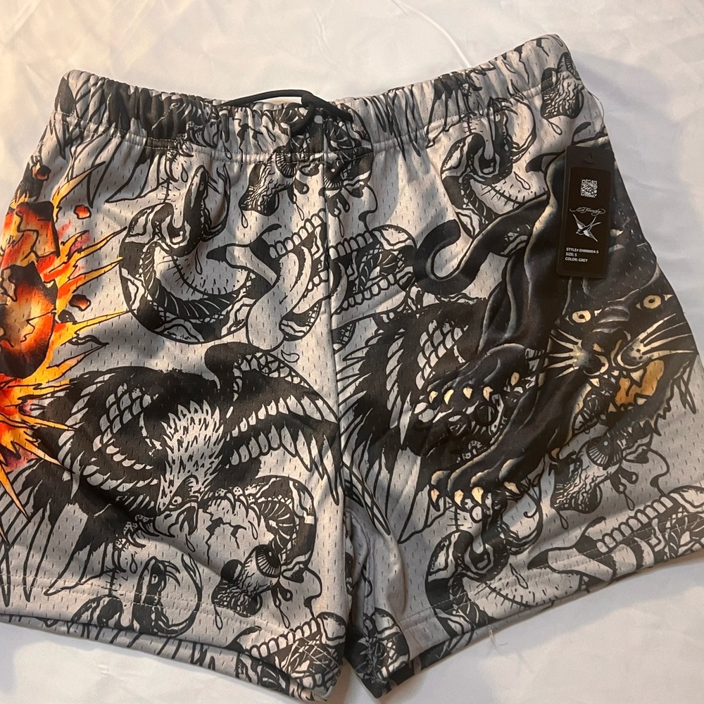 Ed Hardy Athletic Shorts Black and Gray with Dragon Motif